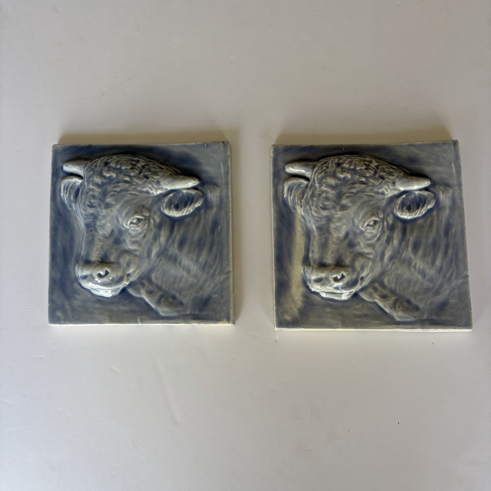 Pair Blue Glazed Bull Relief Tiles 6x6 Art Pottery‎ Ceramic Wall Plaque Vintage